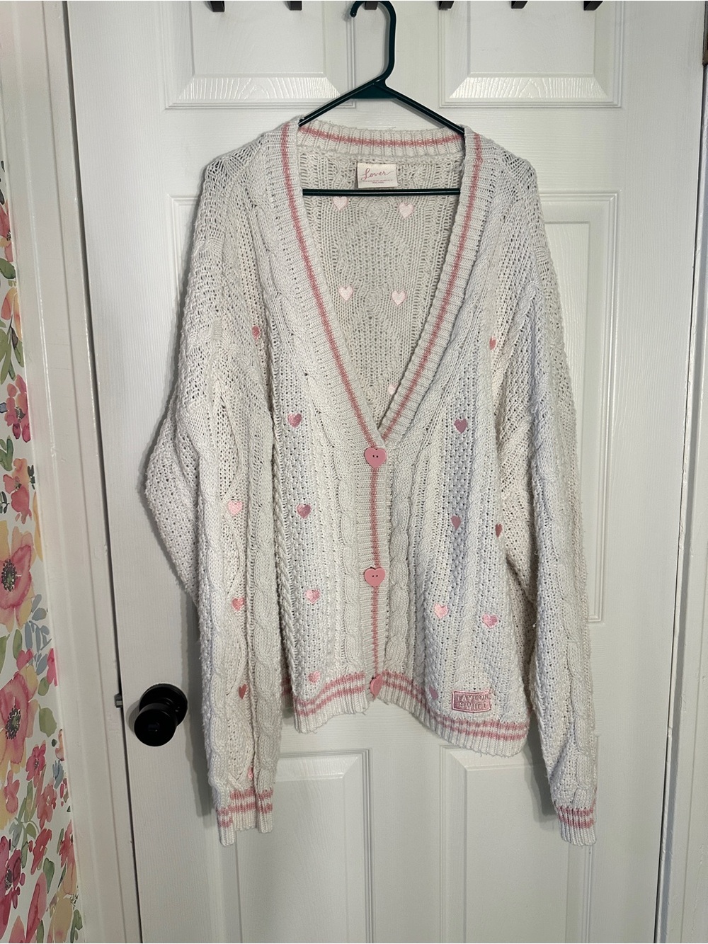 Taylor Swift Lover White & Pink Heart Cable-Knit Cardigan Sweater 3x/4x
